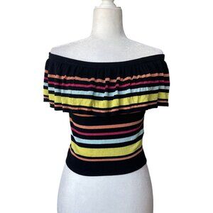 VTG Guess Y2K Cropped Top Small Multicolor Striped Rainbow Ruffle Coquette